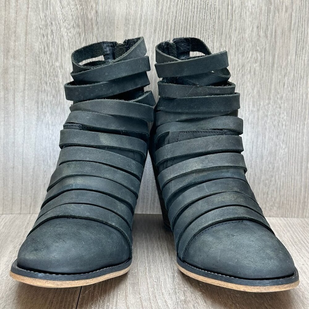 Free People Hybrid Ankle Booties Womens 39 Strappy Leather Zip Block Heel Black - Picture 5 of 12